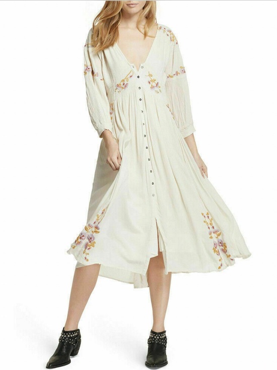 Free People Dresses & Skirts - Free People Day Glow Embroidered Button Front Midi Dress Ivory